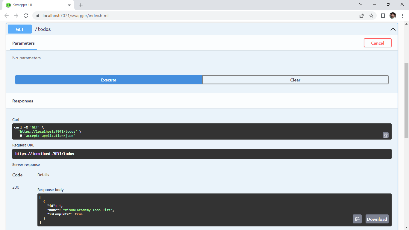Swagger GET 실행 결과